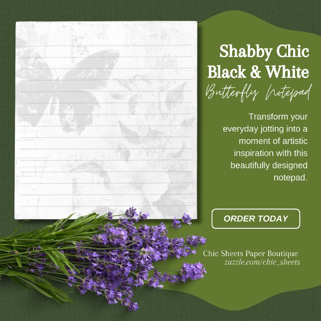 Bloco De Notas Shabby Chic Preto e Branco Borboleta Floral Linado (Criador carregado)