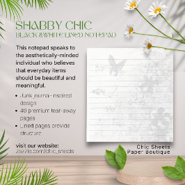 Bloco De Notas Shabby Chic Preto e Branco Borboleta Floral Linado