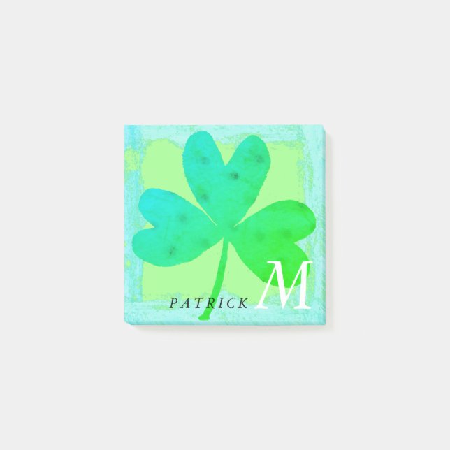 Bloco De Notas Shamrock Watercolor Turquesa Verde Monograma 3x3 (Frente)