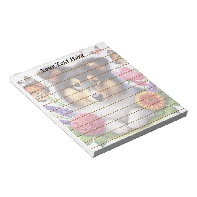 Bloco De Notas Shetland Sheepdog com Flores e Borboletas (Inclinado)