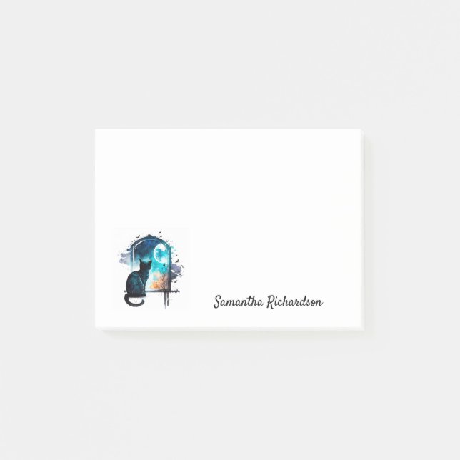 Bloco De Notas Silhueta de Gato Preto em Aquarela com Nome Person (Frente)