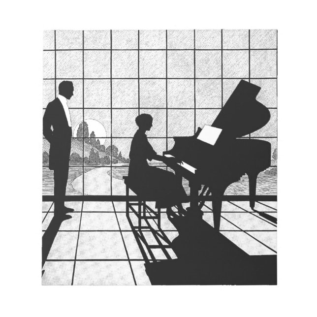 Bloco De Notas Silhueta de Piano Estilo Art Déco | Preto e Branco (Frente)
