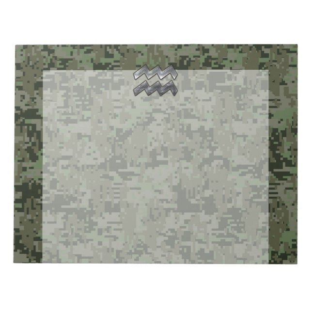 Bloco De Notas Símbolo Aquarius Zodiac na Camo Digital Woodland (Frente)