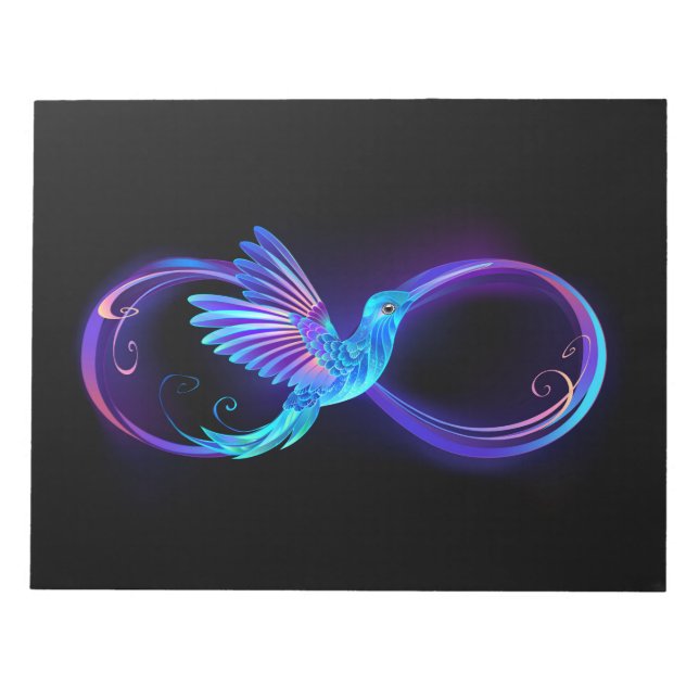 Bloco De Notas Símbolo Neon Infinity com Hummingbird brilhante (Frente)