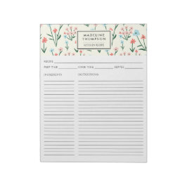 Bloco De Notas Simple Floral Botanical Pink Blue Flower Recipe