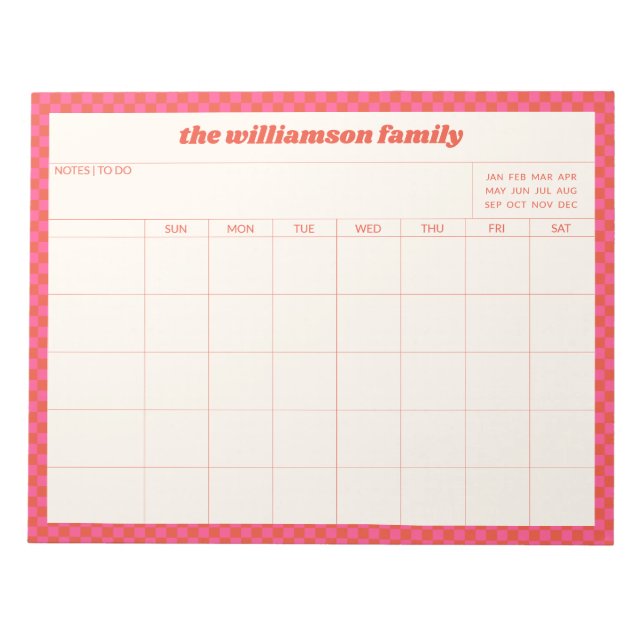 Bloco De Notas Simple Pink Red Checkered Family Planner Calendar  (Frente)