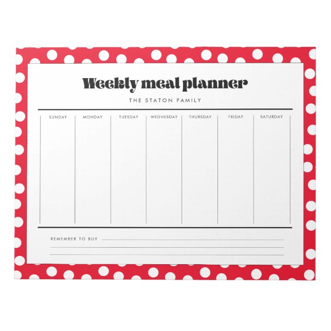 Bloco De Notas Simple retro polka dot weekly meal planner (Frente)