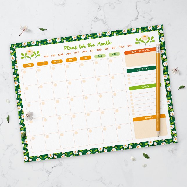 Bloco De Notas Spring Daisies & Vine Monthly Monday Start Planner (Criador carregado)