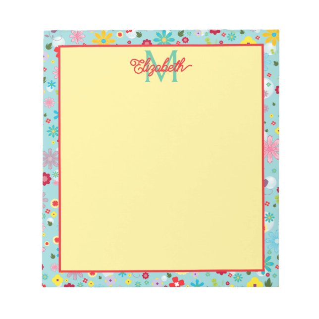 Bloco De Notas Spring Flowers on Aqua Blue Monogram (Frente)