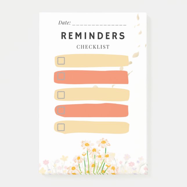 Bloco De Notas Sticky Note REMINDERS Check Box  Yellow Daisy (Frente)