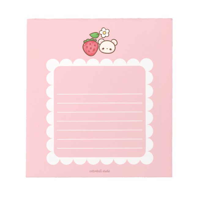 Bloco De Notas Strawbeary Pink Scallop Border Cute Bear Notepad (Frente)