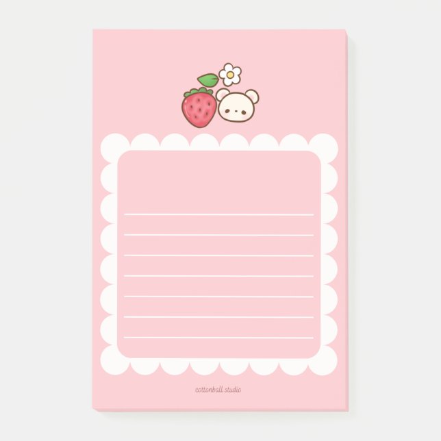 Bloco De Notas Strawbeary Pink Scallop Border Cute Bear Notepad (Frente)