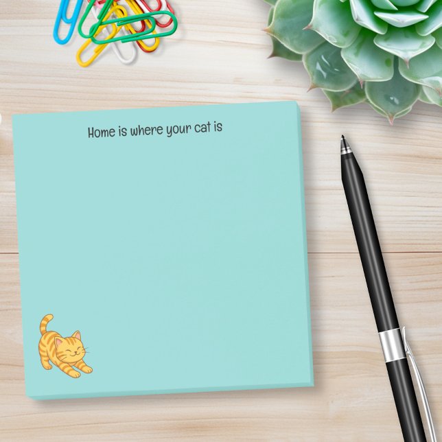 Bloco De Notas Stretching Orange Tabby Cat Green Custom Text (Criador carregado)