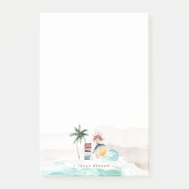 Bloco De Notas Surf Retro Summer Boho | Monograma personalizado (Frente)