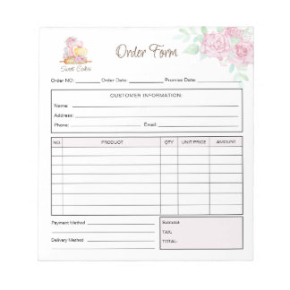 Bloco De Notas Sweet Cakes Bakery Order Form Receipt Invoice