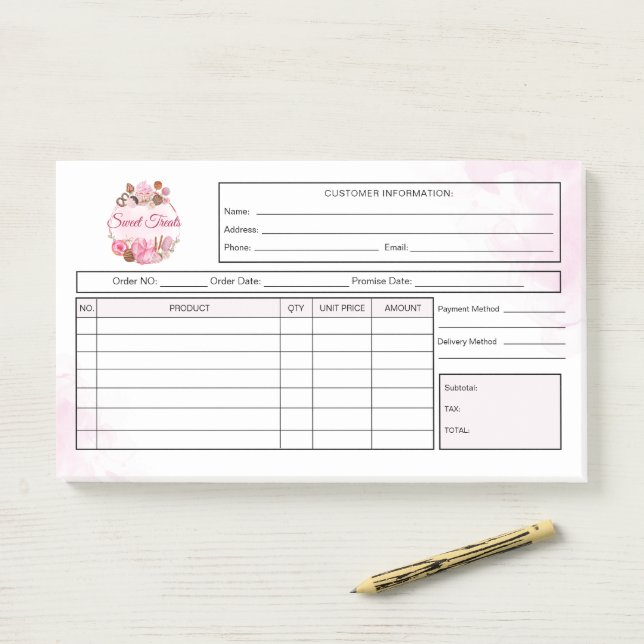 Bloco De Notas Sweet Treats Bakery Receipt Invoice (Na mesa)