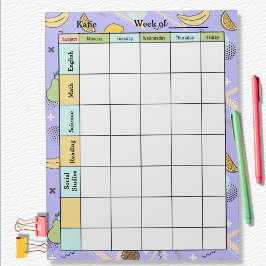 Bloco De Notas Tarefa de Casa Frutas Memphis Roxo