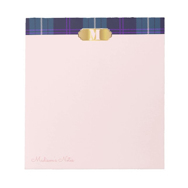 Bloco De Notas Tartan Azul Dourado Monograma Personalizado Script (Frente)