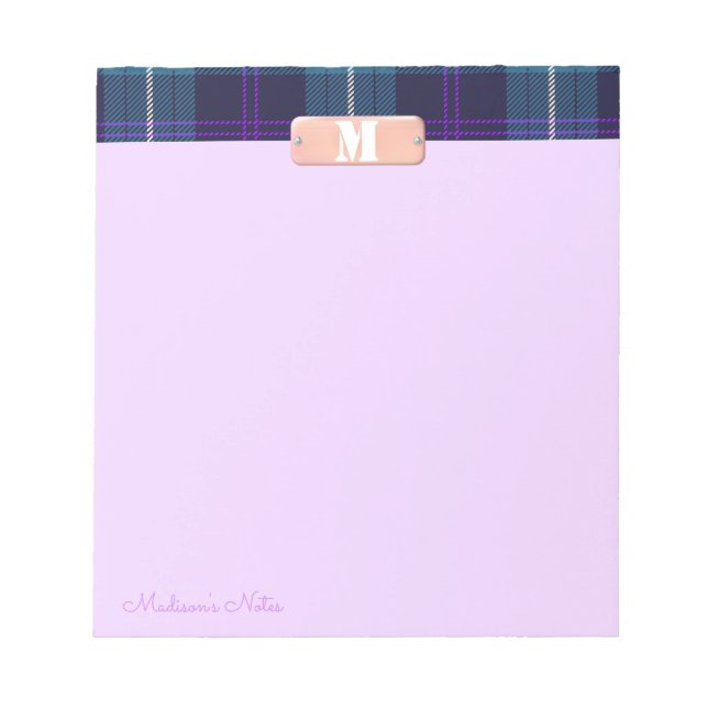 Bloco De Notas Tartan Azul Monograma de Script Personalizado Lilá (Frente)