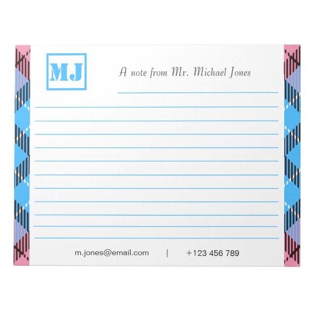 Bloco De Notas Tartan do Script Monograma Profissional de na moda (Frente)