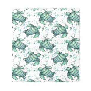 Bloco De Notas tartaruga marinha padrão verde azul aquarela anima