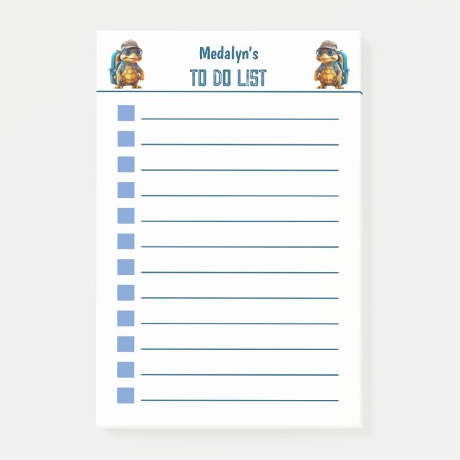 Bloco De Notas Tartaruga Pequena e Fofa Aventureira com Mochila, (Frente)