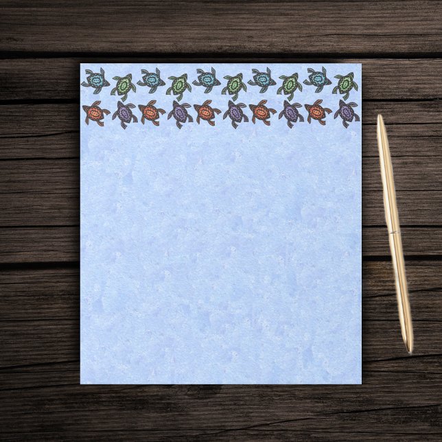 Bloco De Notas Tartarugas Abstrato de natação coloridas (Rows of abstract black turtles with coloured shells on light blue paper notepad.)