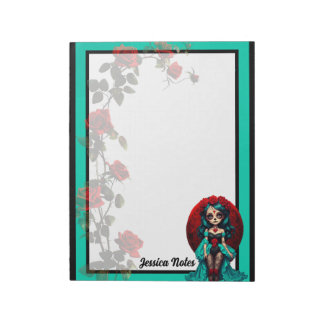 Bloco De Notas Teal and Red Roses Sugar Skulls