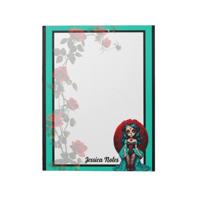 Bloco De Notas Teal and Red Roses Sugar Skulls (Invertido)