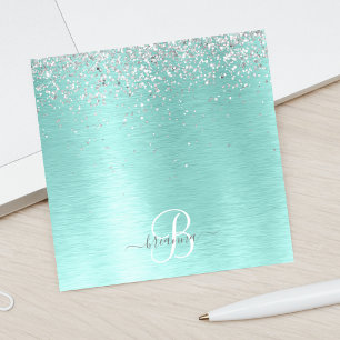 Bloco De Notas Teal Brugado Metal Silver Glitter Nome Monograma