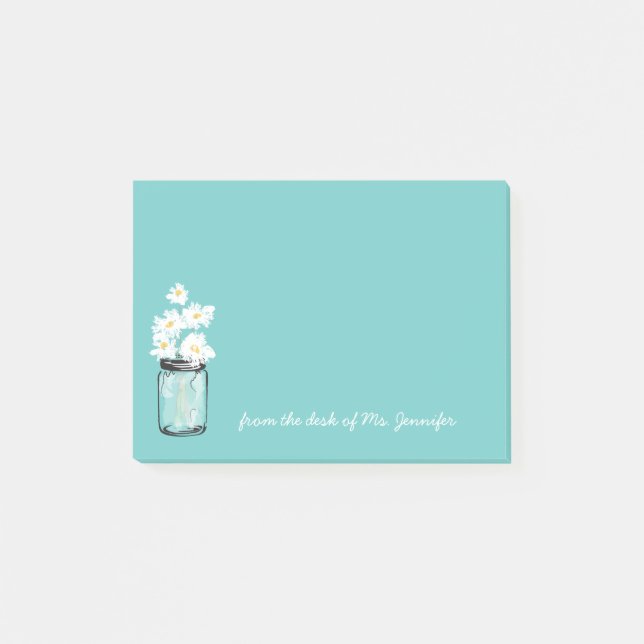Bloco De Notas Teal Mason Jar White Daisy Floral Personalize Nota (Frente)