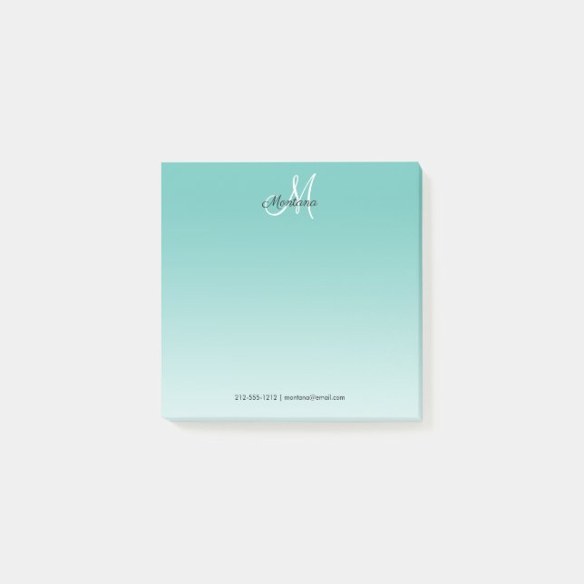 Bloco De Notas Teal Ombre Monograma Elegante Girly Script Office  (Frente)