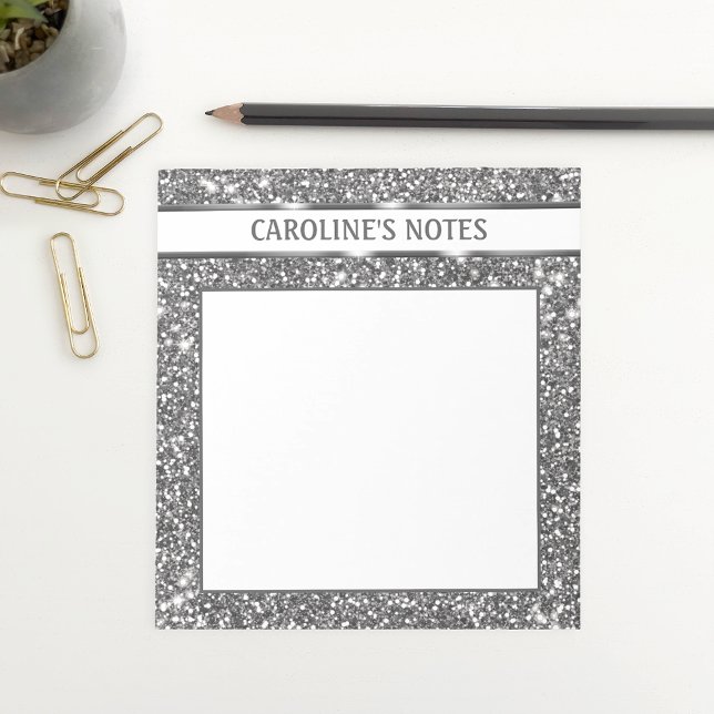 Bloco De Notas Texto de Folha Silver Glitter visual e texto perso (This printed silver glitter look adds a chic touch to any desk. Personalize your title on the top!)