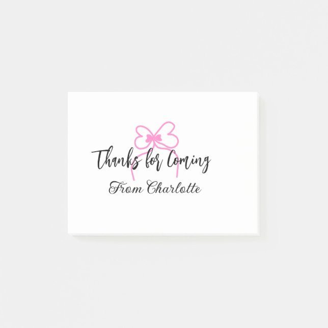Bloco De Notas thanks for coming add name text message pink bow f (Frente)