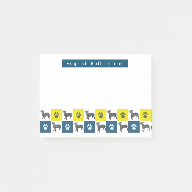 Bloco De Notas Touro Terrier Cão & Pata Amarelo & Azul Grade (Frente)