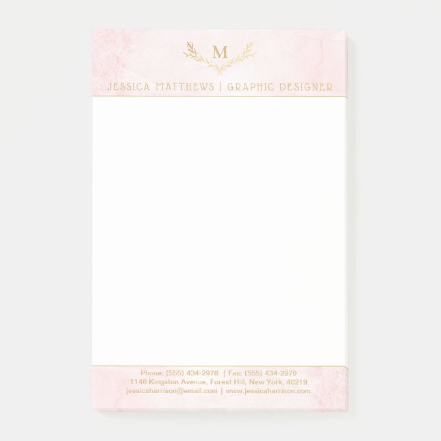 Bloco De Notas Trendy Blush Pink & Gold Foil Monograma Wreath (Frente)