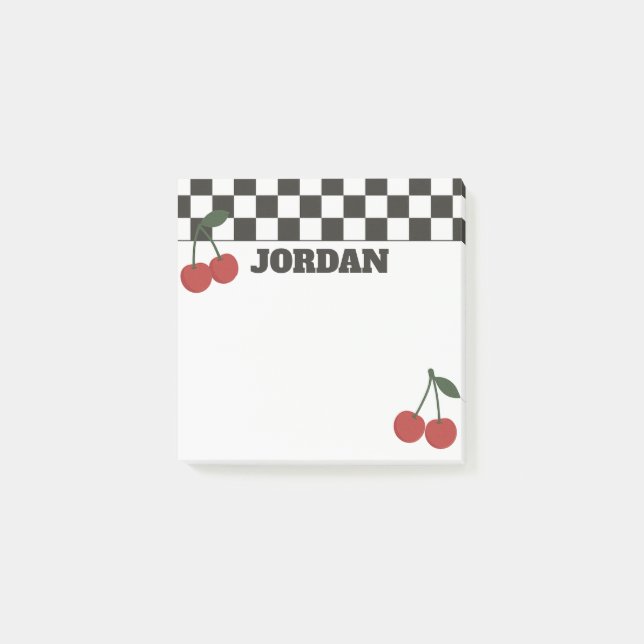 Bloco De Notas Trendy Checkerboard & Cherry Custom Name (Frente)
