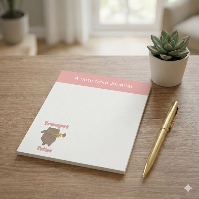 Bloco De Notas Trumpet Tribe Cute Cat Pink Personalize (A notepad featuring a brown cat and the words trumpet tribe in pink.)