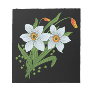 Bloco De Notas Tulipas e Daffodils Flores Pretas Fundo
