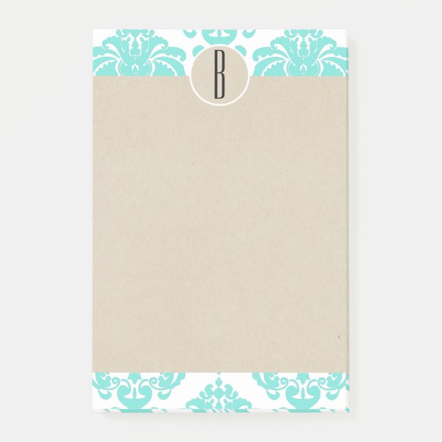 Bloco De Notas Turquesa Aqua Glam Damask Kraft Monograma Inicial (Frente)