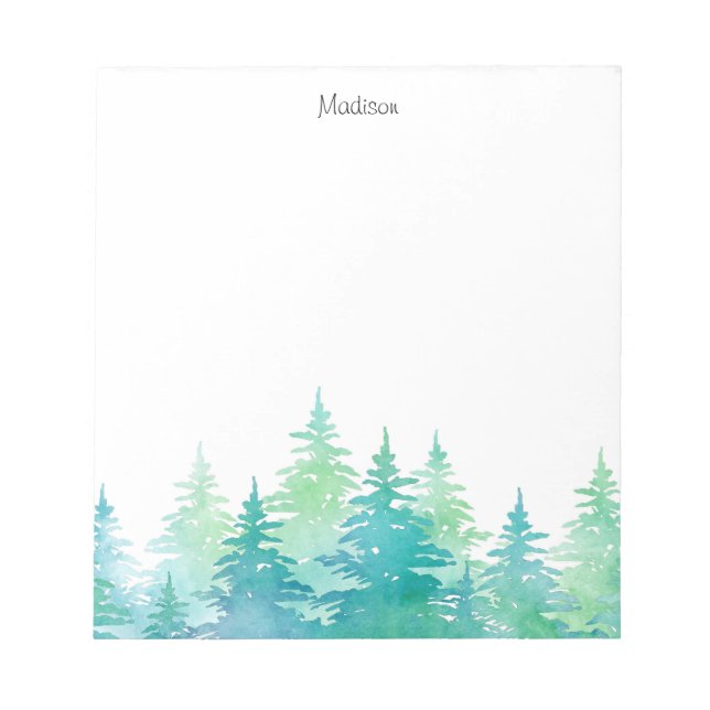 Bloco De Notas Turquesa Verde Aquarela Evergreen Trees (Frente)