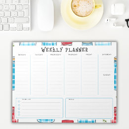 Bloco De Notas Undated Vertical Weekly Planner, Blue and Red