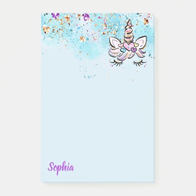 Bloco De Notas Unicórnio Face Brilhante, Rosa e Roxo, Raparigas M (Frente)