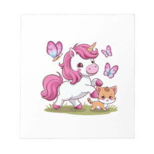 Bloco De Notas Unicórnio Kawaii com gato e borboletas Manga Longa
