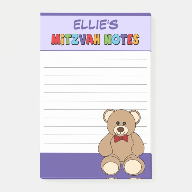 Bloco De Notas Ursinho de pelúcia personalizado Mitzvah Post-its  (Frente)