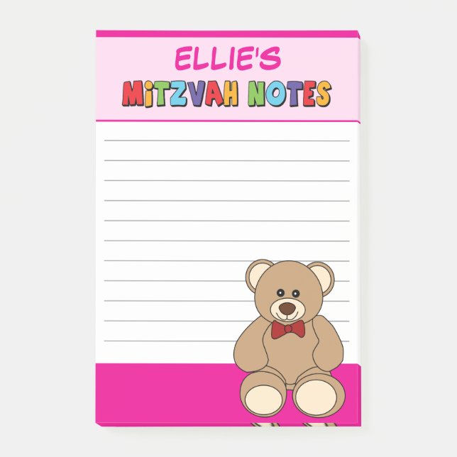 Bloco De Notas Urso de pelúcia personalizado Mitzvah Rosa (Frente)