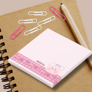 Bloco De Notas Urso Fofo Rosa Pintado à Mão com Fita