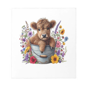 Bloco De Notas Vaca das Terras Altas em Balde de Flores Png, Fofo