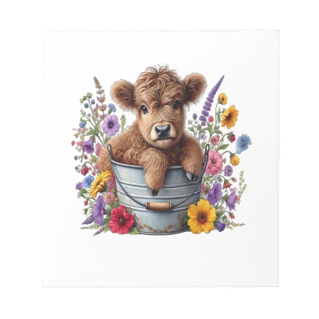 Bloco De Notas Vaca das Terras Altas em Balde de Flores Png, Fofo (Frente)