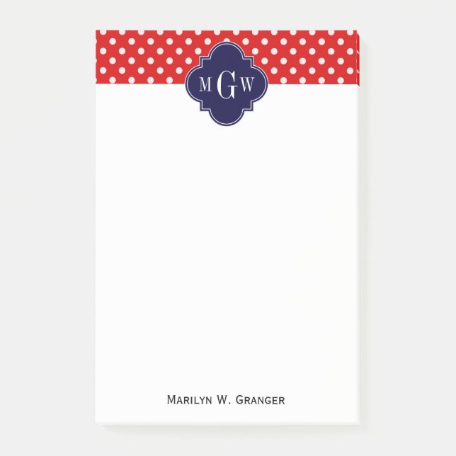 Bloco De Notas Vermelho Branco Bolinhas Azul-Marinho Quatrefoil 3 (Frente)